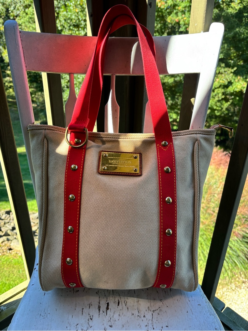 Louis Vuitton Beige Canvas Tote with Red Straps and Gold Hardware